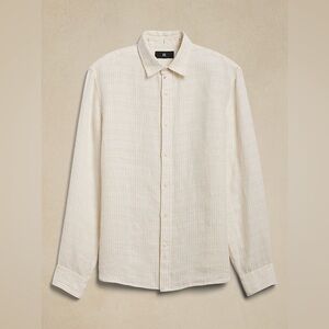 Banana Republic Men’s White Tan Striped Slim Linen-Cotton Dress Shirt Size Small